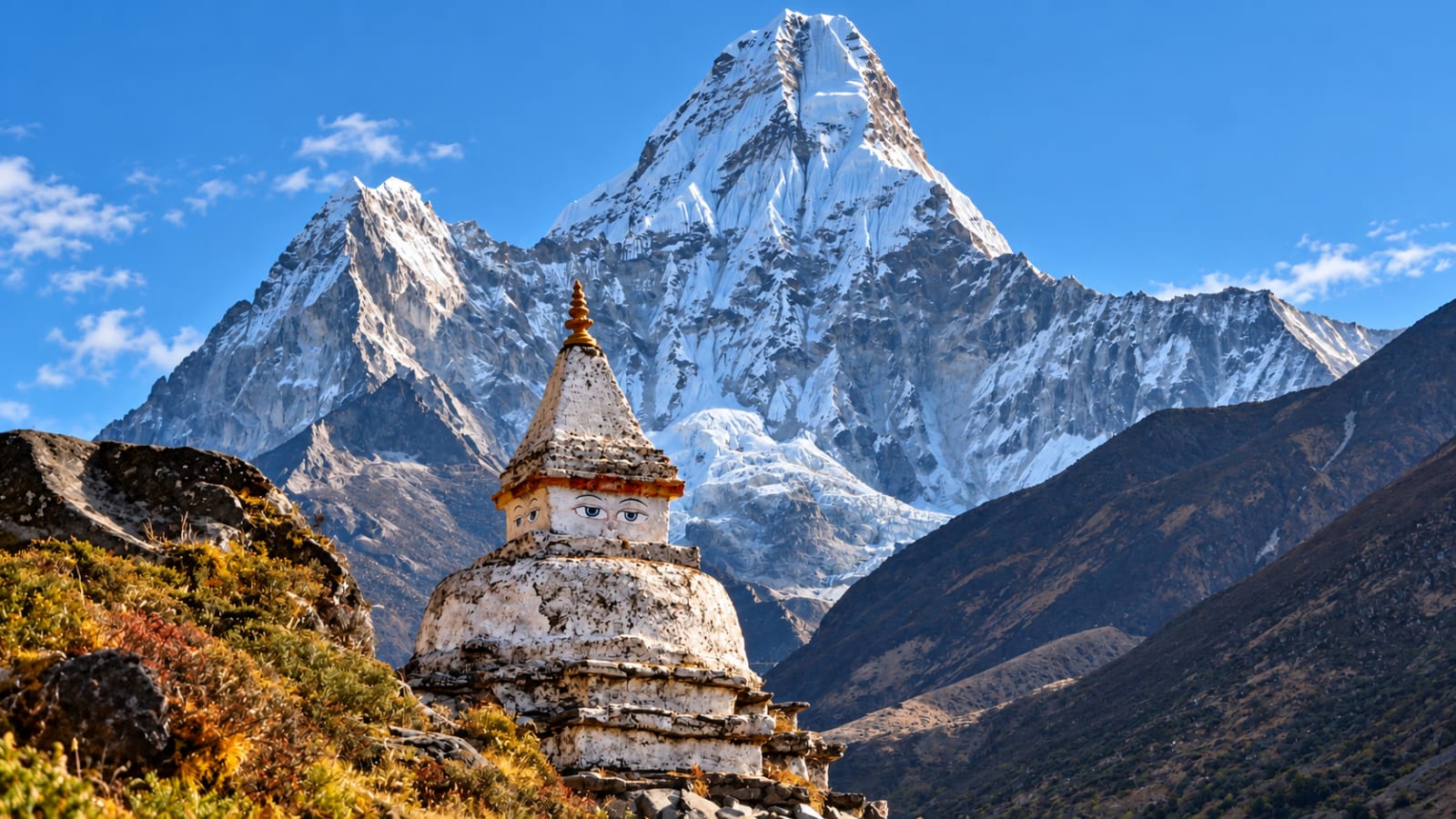 Himalayan peaks and a Buddhist stupa in Nepal
