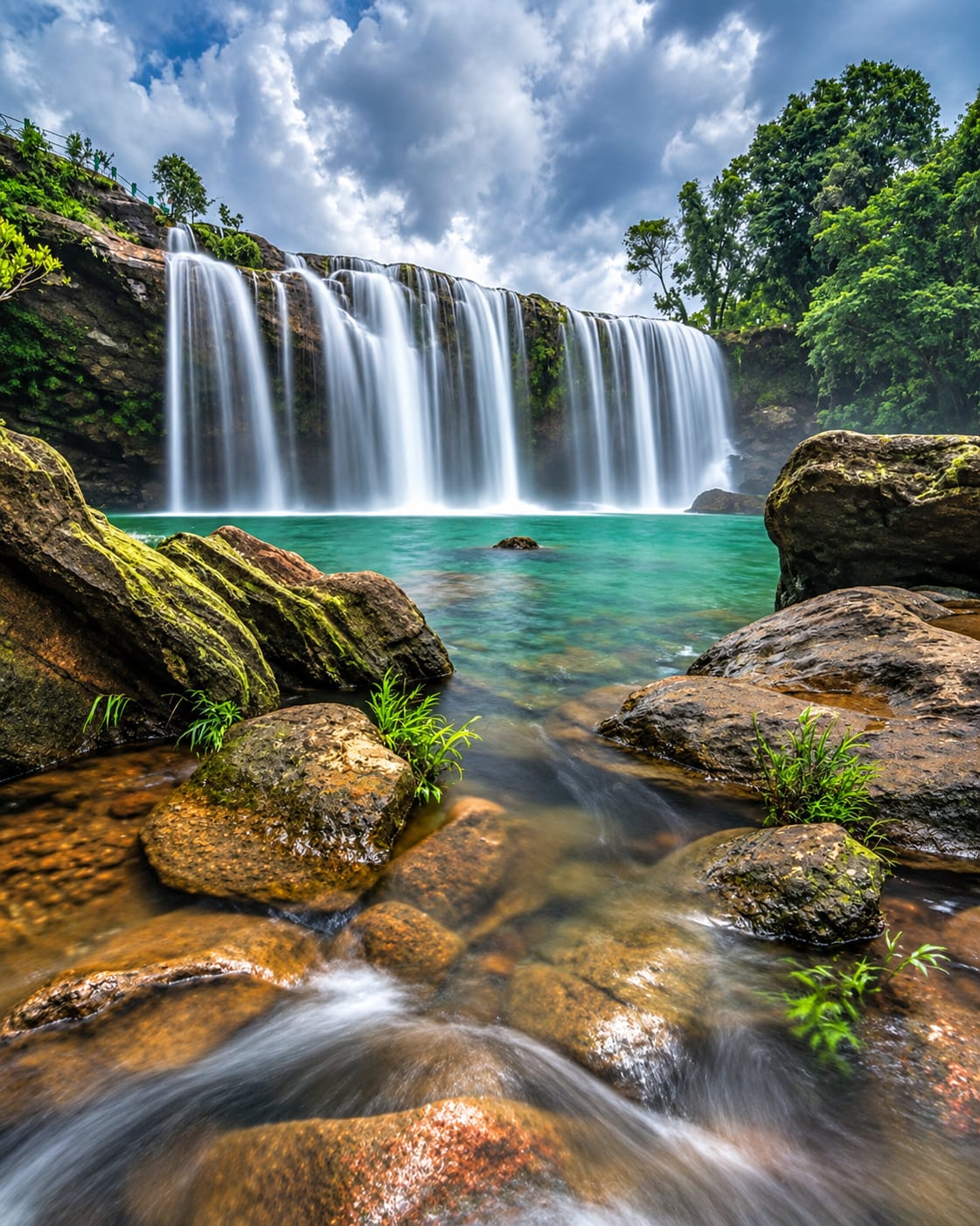 Waterfall surrounded by lush Northeast Indian forest
